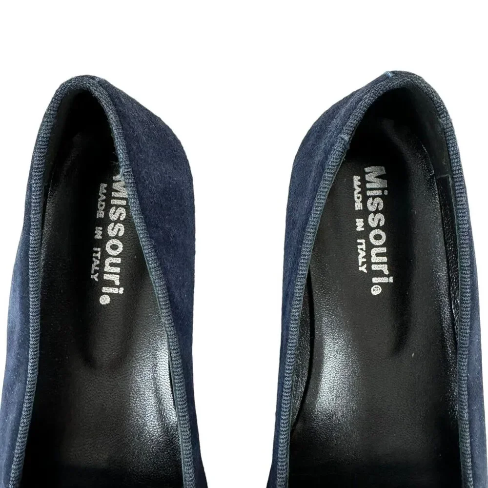 Missouri Italian Shoes Suede Leather Flats Fur Heart Embellished Navy EU34 US3.5